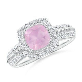 6mm AAAA Twisted Rope Cushion Rose Quartz Halo Ring in P950 Platinum