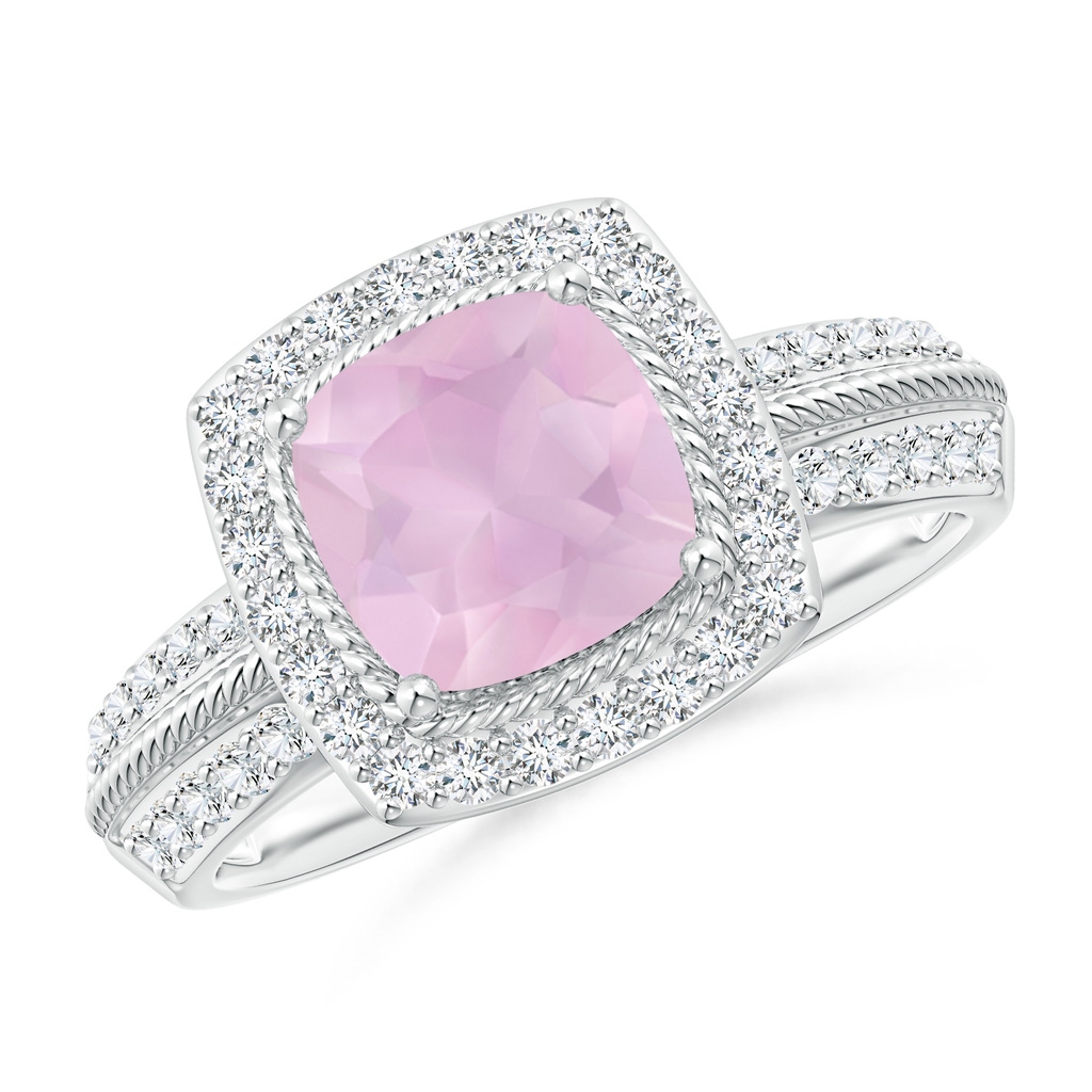 7mm AAA Twisted Rope Cushion Rose Quartz Halo Ring in White Gold