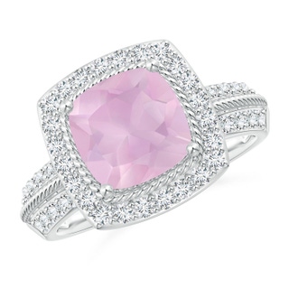 8mm AAAA Twisted Rope Cushion Rose Quartz Halo Ring in P950 Platinum