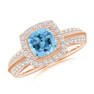 6mm A Twisted Rope Cushion Swiss Blue Topaz Halo Ring in 10K Rose Gold