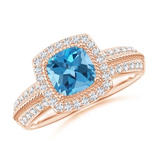 6mm AA Twisted Rope Cushion Swiss Blue Topaz Halo Ring in 10K Rose Gold