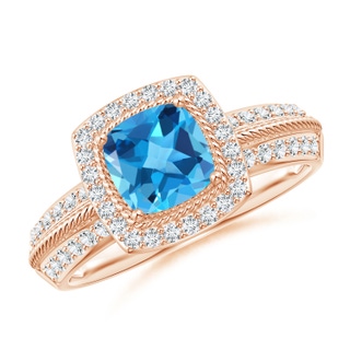 6mm AAA Twisted Rope Cushion Swiss Blue Topaz Halo Ring in 10K Rose Gold