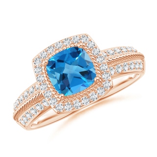 6mm AAAA Twisted Rope Cushion Swiss Blue Topaz Halo Ring in 10K Rose Gold