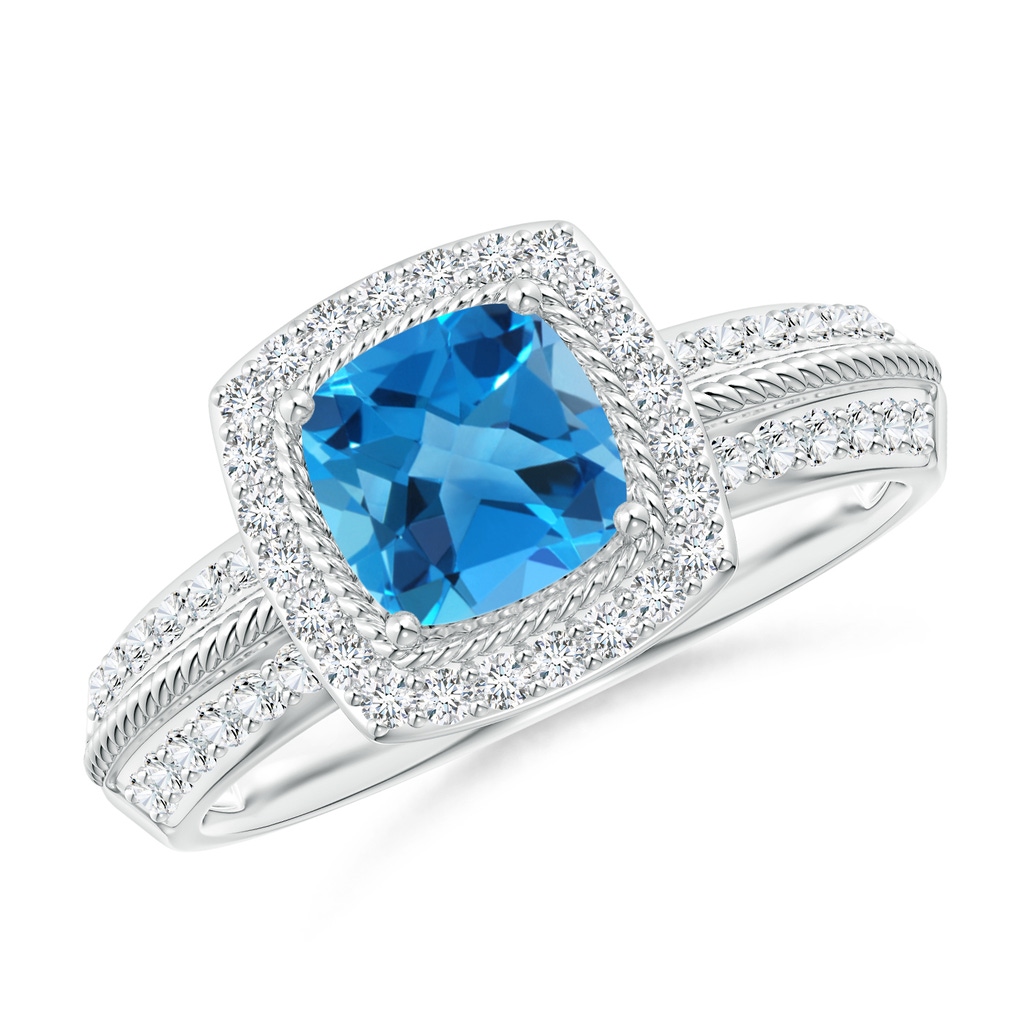 6mm AAAA Twisted Rope Cushion Swiss Blue Topaz Halo Ring in White Gold