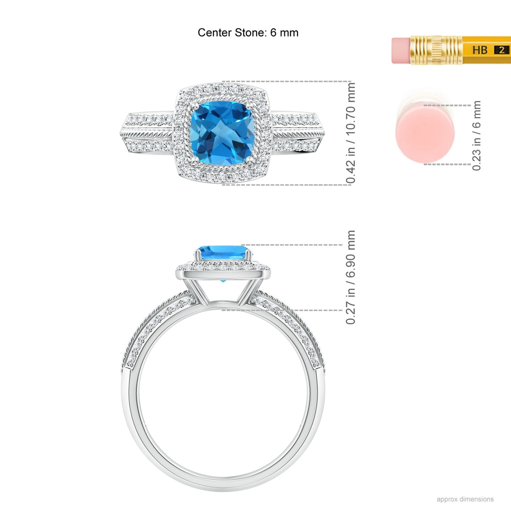 6mm AAAA Twisted Rope Cushion Swiss Blue Topaz Halo Ring in White Gold Ruler