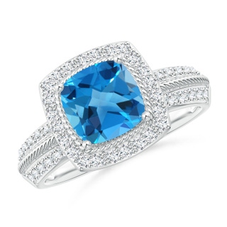7mm AAAA Twisted Rope Cushion Swiss Blue Topaz Halo Ring in P950 Platinum