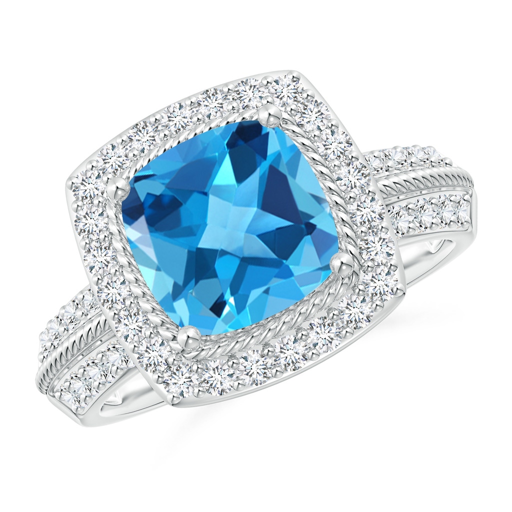 8mm AAA Twisted Rope Cushion Swiss Blue Topaz Halo Ring in White Gold