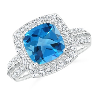 8mm AAAA Twisted Rope Cushion Swiss Blue Topaz Halo Ring in P950 Platinum
