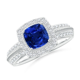 6mm AAAA Twisted Rope Cushion Sapphire Halo Ring in White Gold