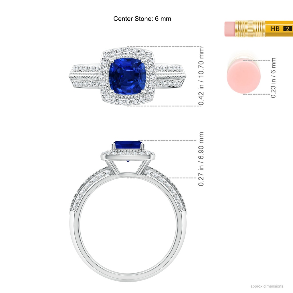 6mm AAAA Twisted Rope Cushion Sapphire Halo Ring in White Gold Ruler