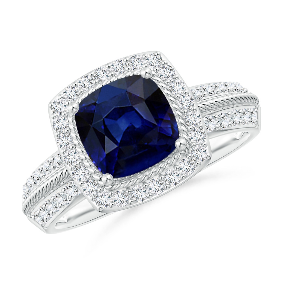 7mm AAA Twisted Rope Cushion Sapphire Halo Ring in White Gold 