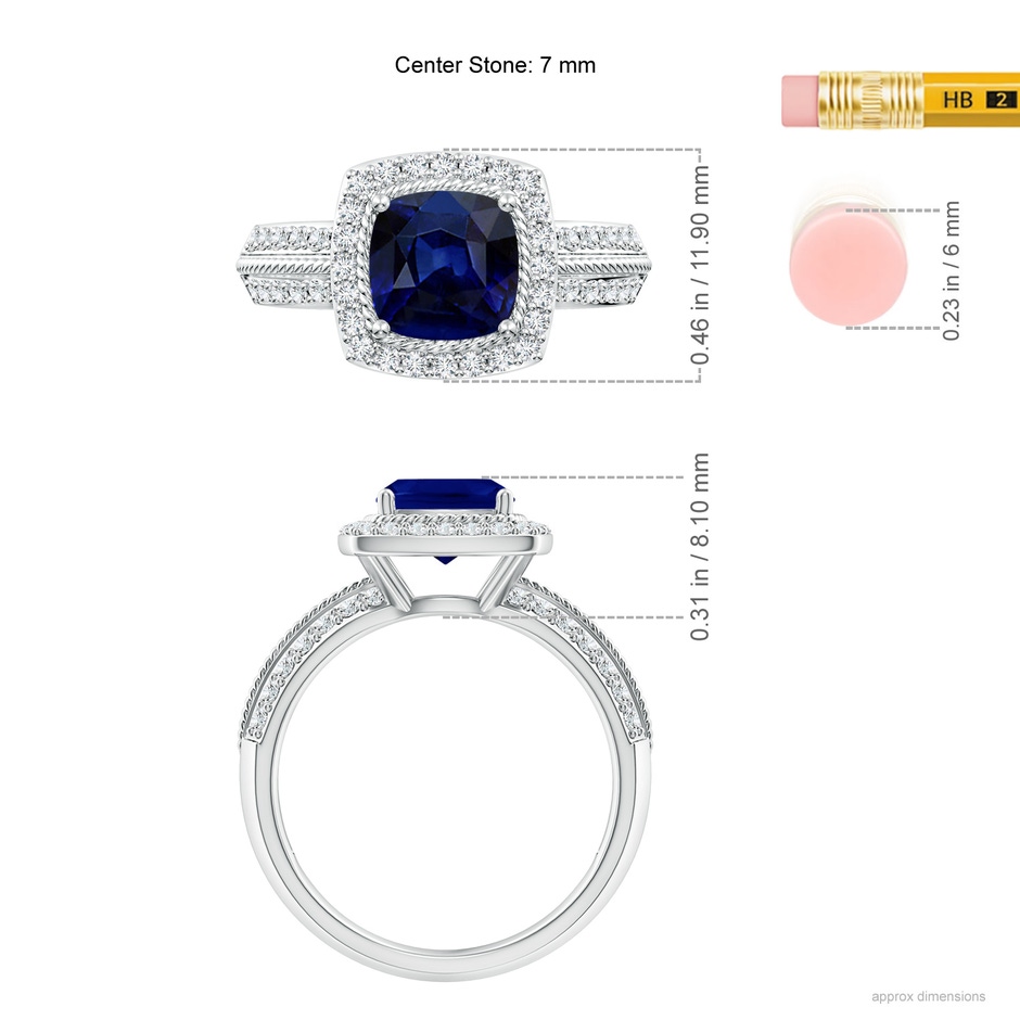 7mm AAA Twisted Rope Cushion Sapphire Halo Ring in White Gold ruler