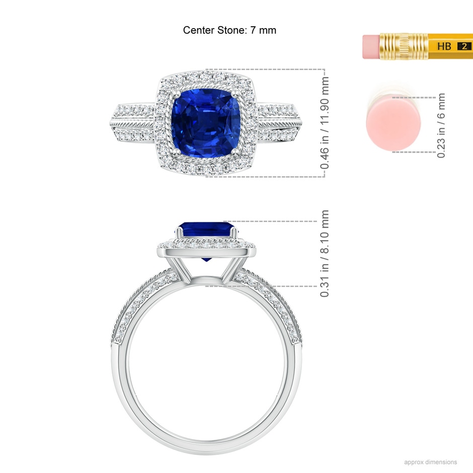 7mm Lab-Grown Twisted Rope Cushion Sapphire Halo Ring in White Gold ruler