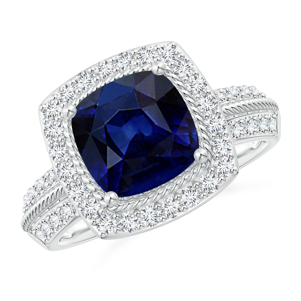 8mm AAA Twisted Rope Cushion Sapphire Halo Ring in White Gold 