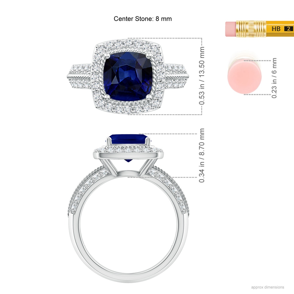 8mm AAA Twisted Rope Cushion Sapphire Halo Ring in White Gold Ruler