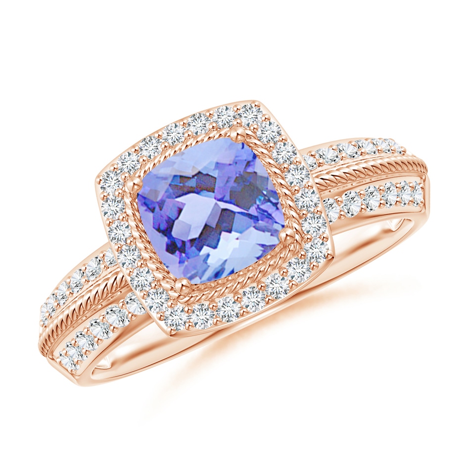 6mm A Twisted Rope Cushion Tanzanite Halo Ring in Rose Gold 
