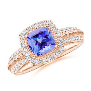 6mm AA Twisted Rope Cushion Tanzanite Halo Ring in Rose Gold