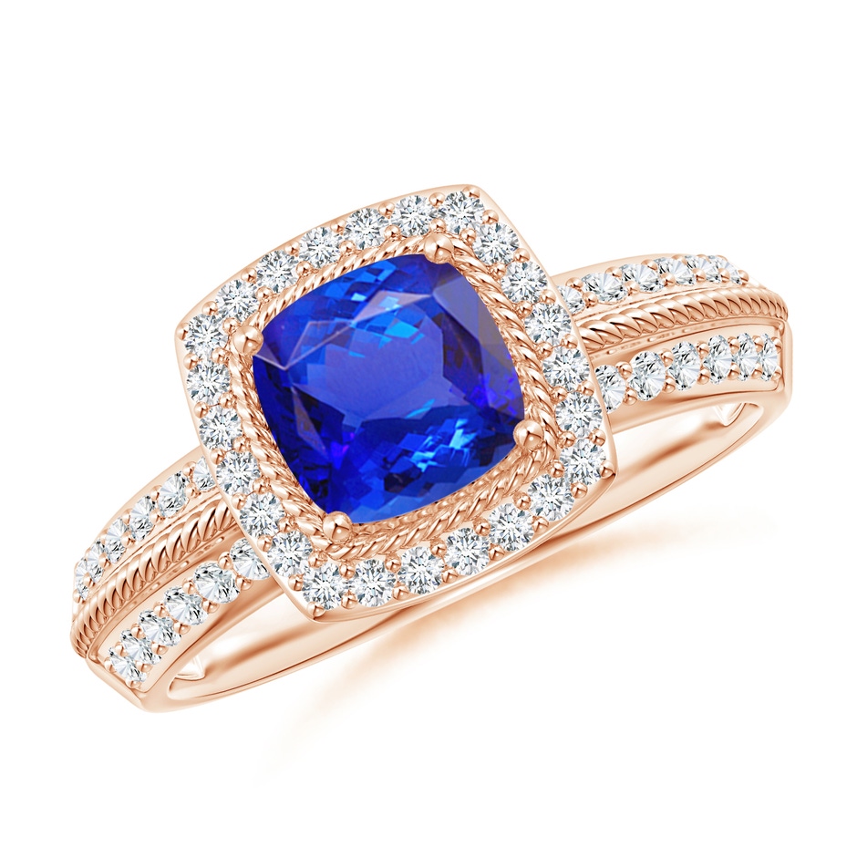 6mm AAA Twisted Rope Cushion Tanzanite Halo Ring in Rose Gold 