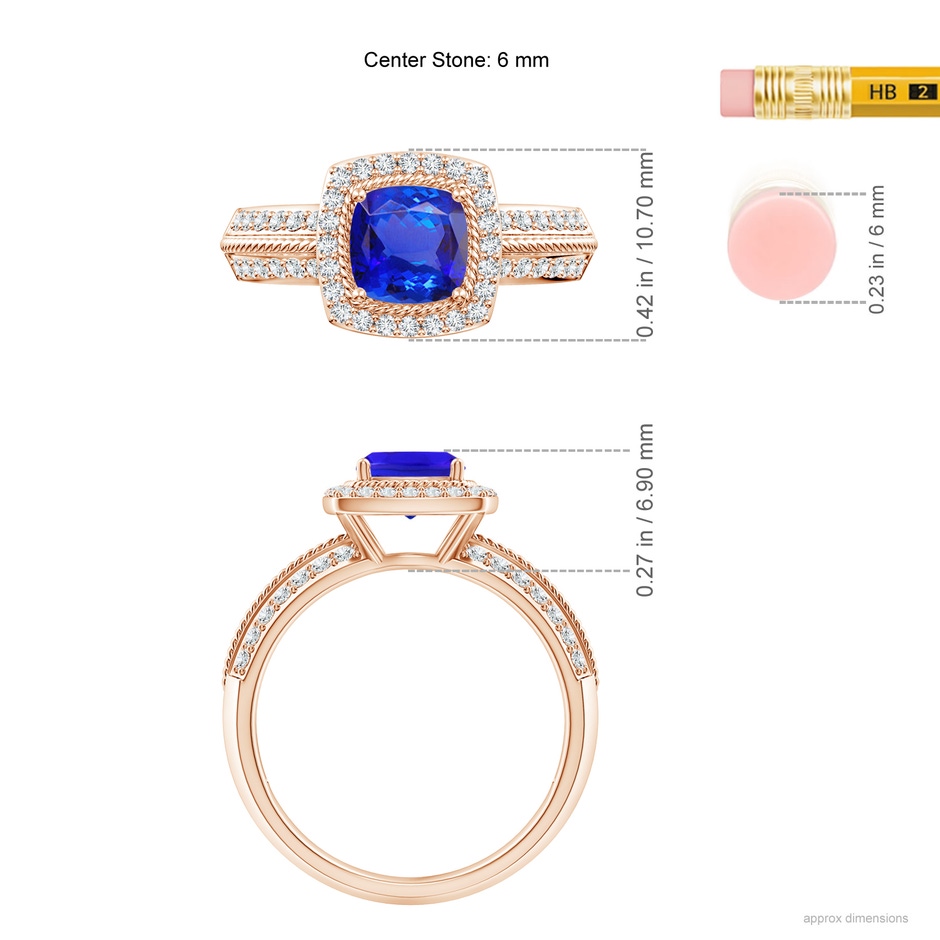 6mm AAA Twisted Rope Cushion Tanzanite Halo Ring in Rose Gold ruler