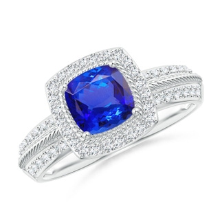 6mm AAA Twisted Rope Cushion Tanzanite Halo Ring in White Gold