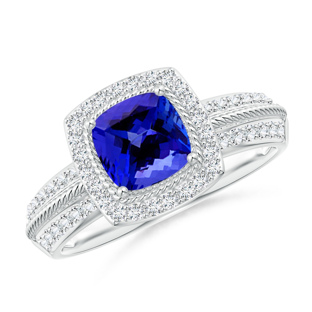 6mm AAAA Twisted Rope Cushion Tanzanite Halo Ring in P950 Platinum