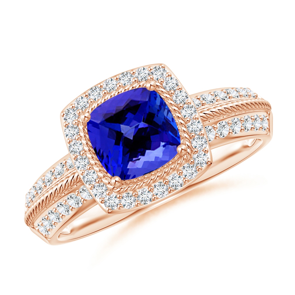 6mm AAAA Twisted Rope Cushion Tanzanite Halo Ring in Rose Gold