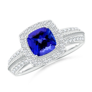 6mm AAAA Twisted Rope Cushion Tanzanite Halo Ring in White Gold