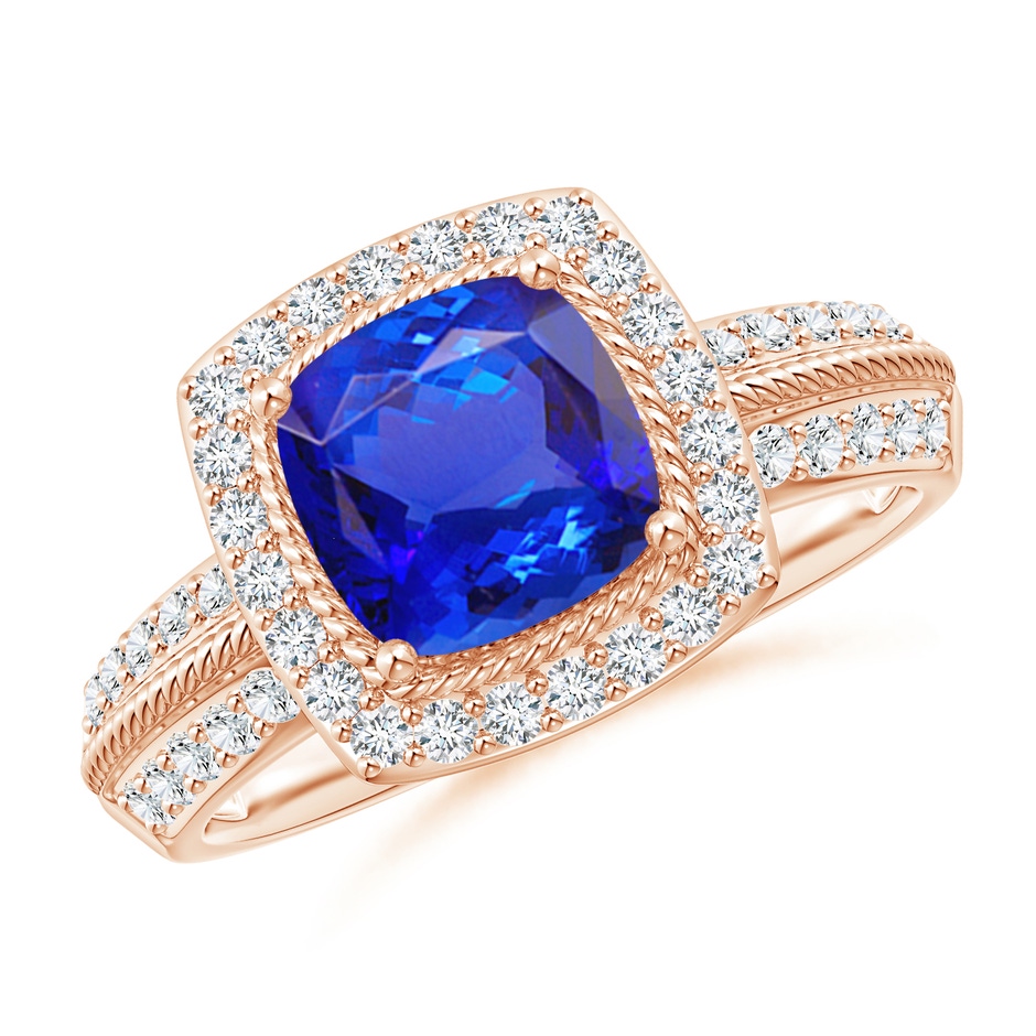 7mm AAA Twisted Rope Cushion Tanzanite Halo Ring in Rose Gold 