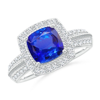 7mm AAA Twisted Rope Cushion Tanzanite Halo Ring in White Gold