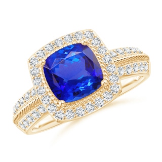 7mm AAA Twisted Rope Cushion Tanzanite Halo Ring in Yellow Gold