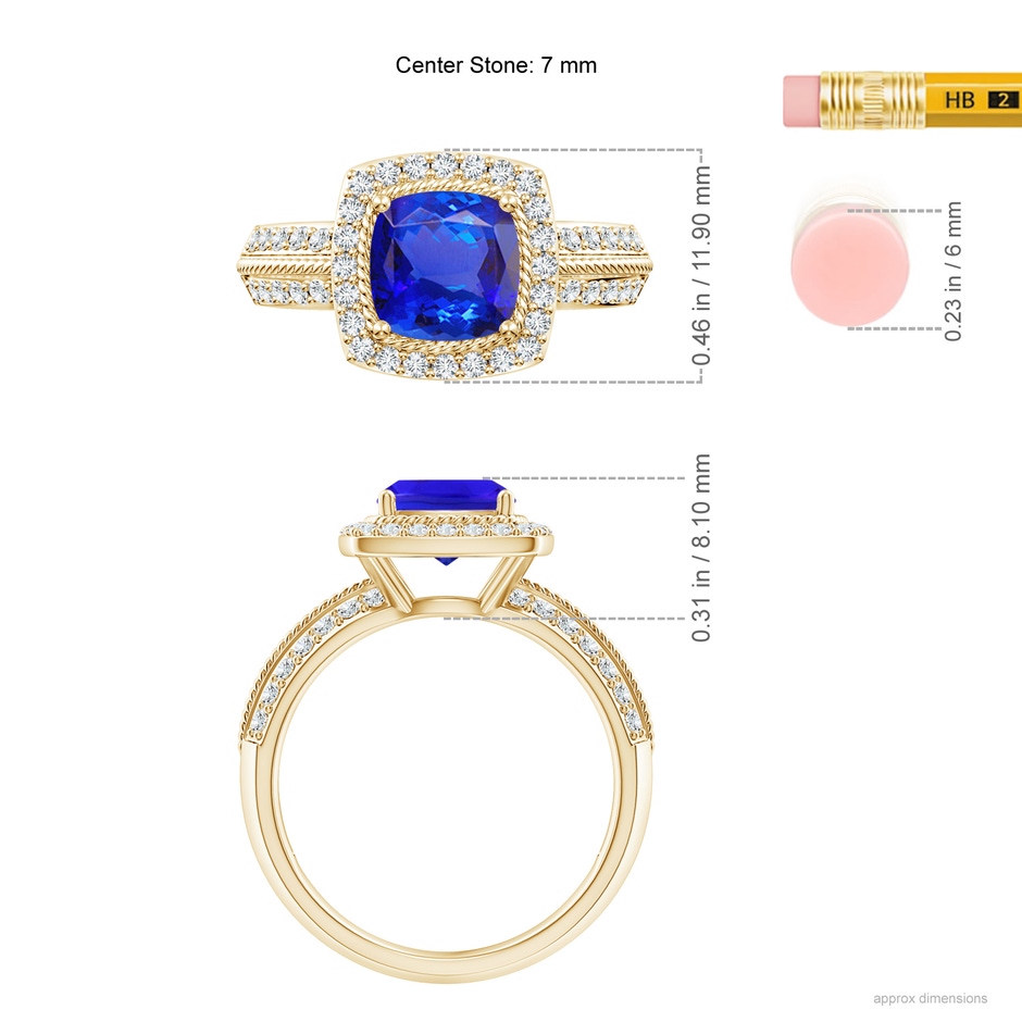 7mm AAA Twisted Rope Cushion Tanzanite Halo Ring in Yellow Gold ruler