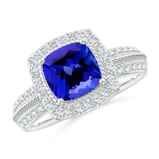 7mm AAAA Twisted Rope Cushion Tanzanite Halo Ring in P950 Platinum