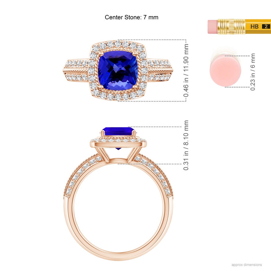 7mm AAAA Twisted Rope Cushion Tanzanite Halo Ring in Rose Gold ruler