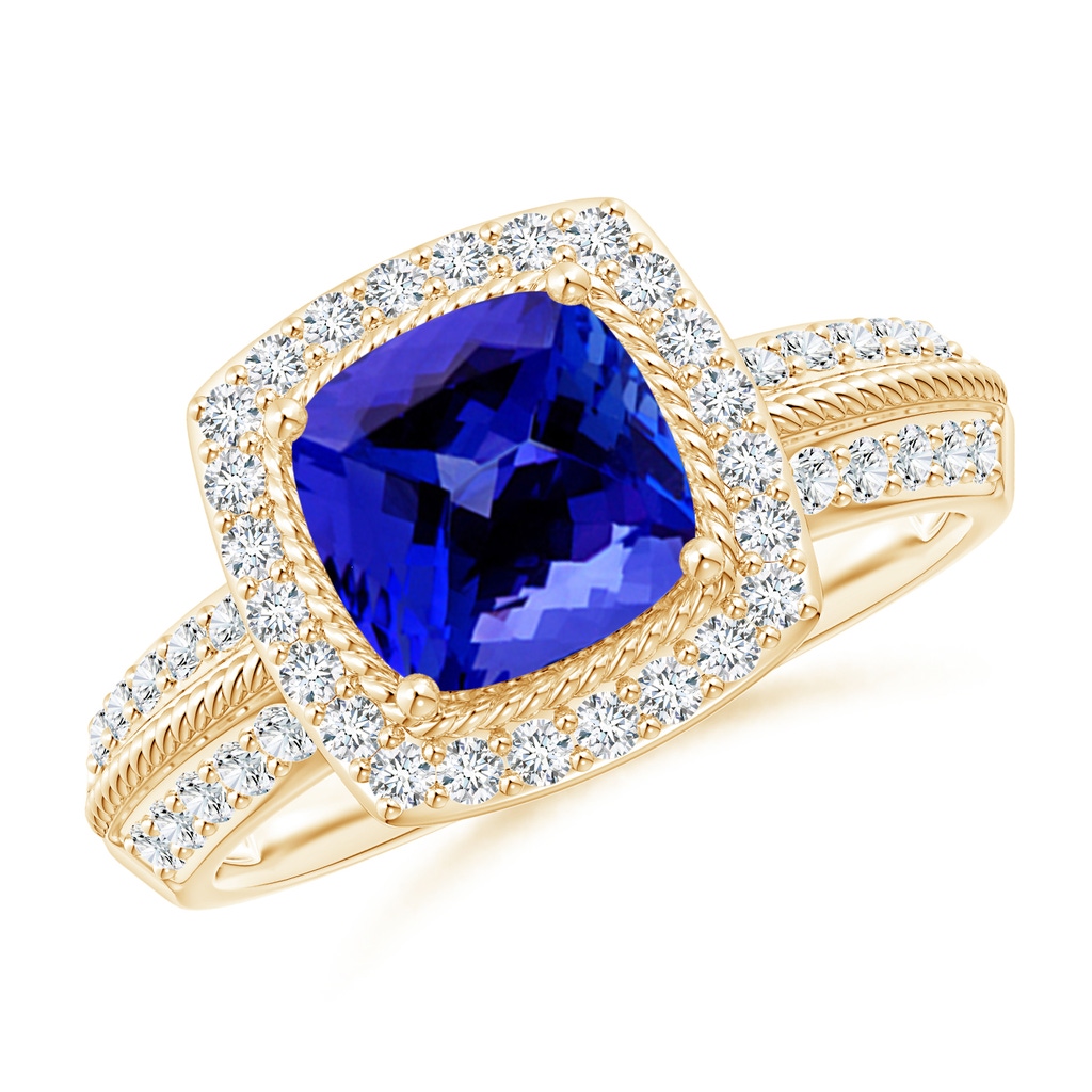 7mm AAAA Twisted Rope Cushion Tanzanite Halo Ring in Yellow Gold
