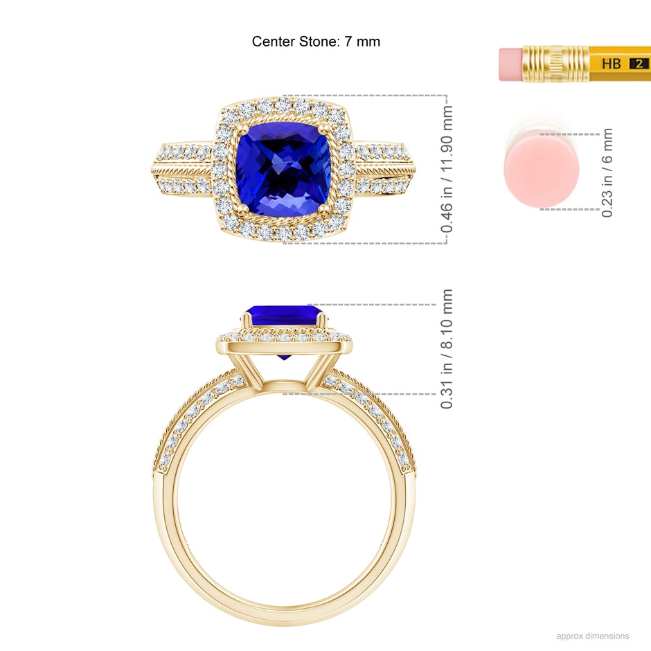 7mm AAAA Twisted Rope Cushion Tanzanite Halo Ring in Yellow Gold ruler