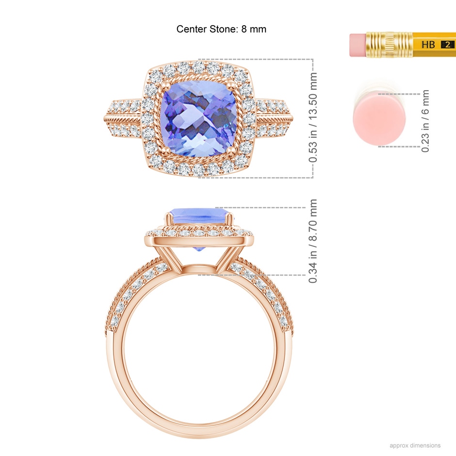 8mm A Twisted Rope Cushion Tanzanite Halo Ring in Rose Gold ruler