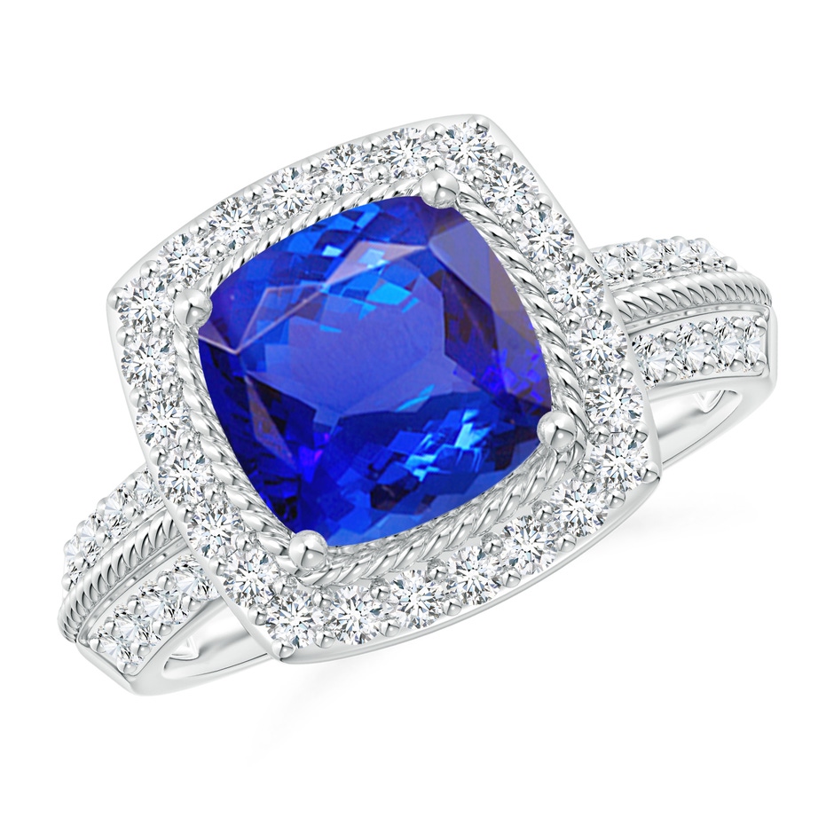 8mm AAA Twisted Rope Cushion Tanzanite Halo Ring in White Gold 