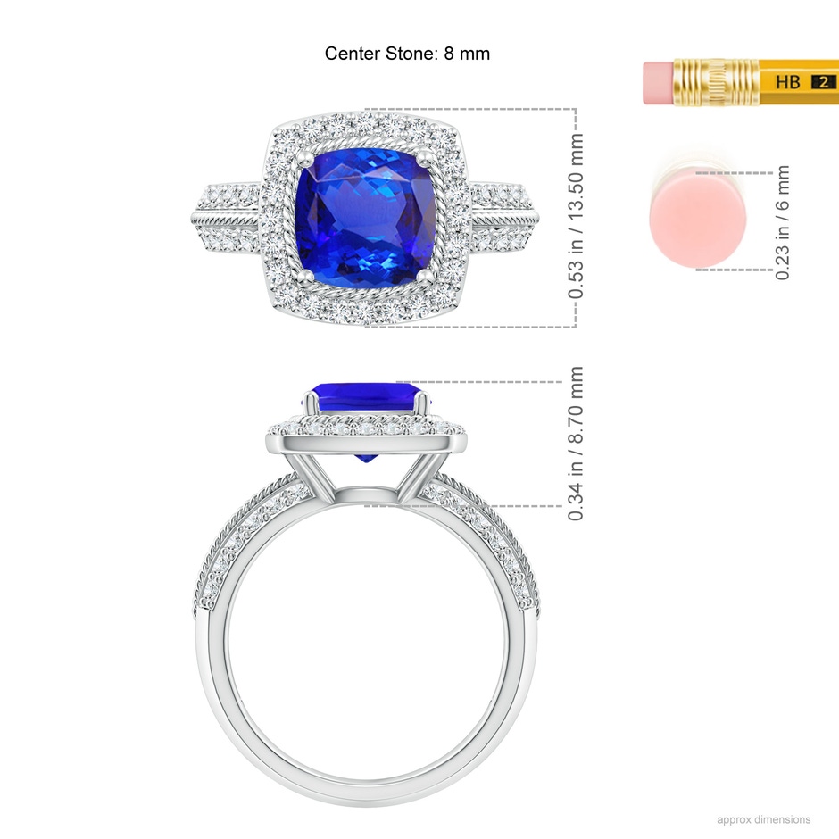 8mm AAA Twisted Rope Cushion Tanzanite Halo Ring in White Gold ruler