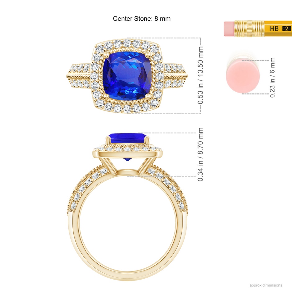 8mm AAA Twisted Rope Cushion Tanzanite Halo Ring in Yellow Gold ruler