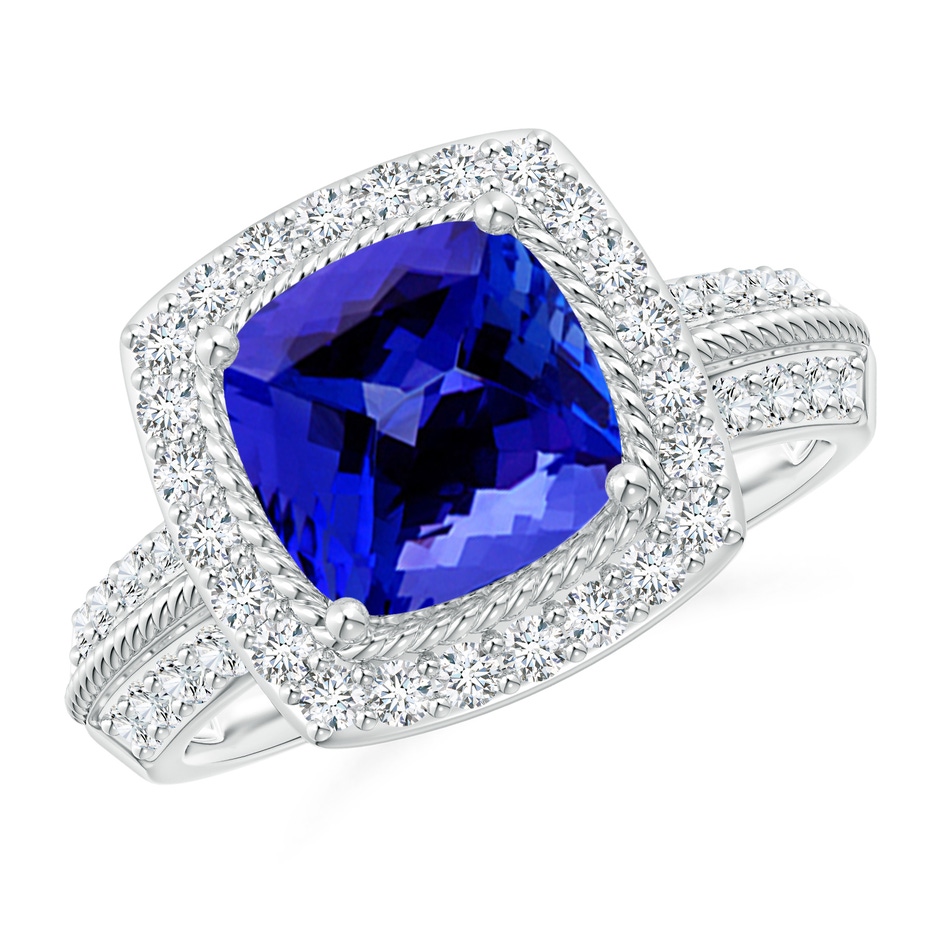 8mm AAAA Twisted Rope Cushion Tanzanite Halo Ring in P950 Platinum 