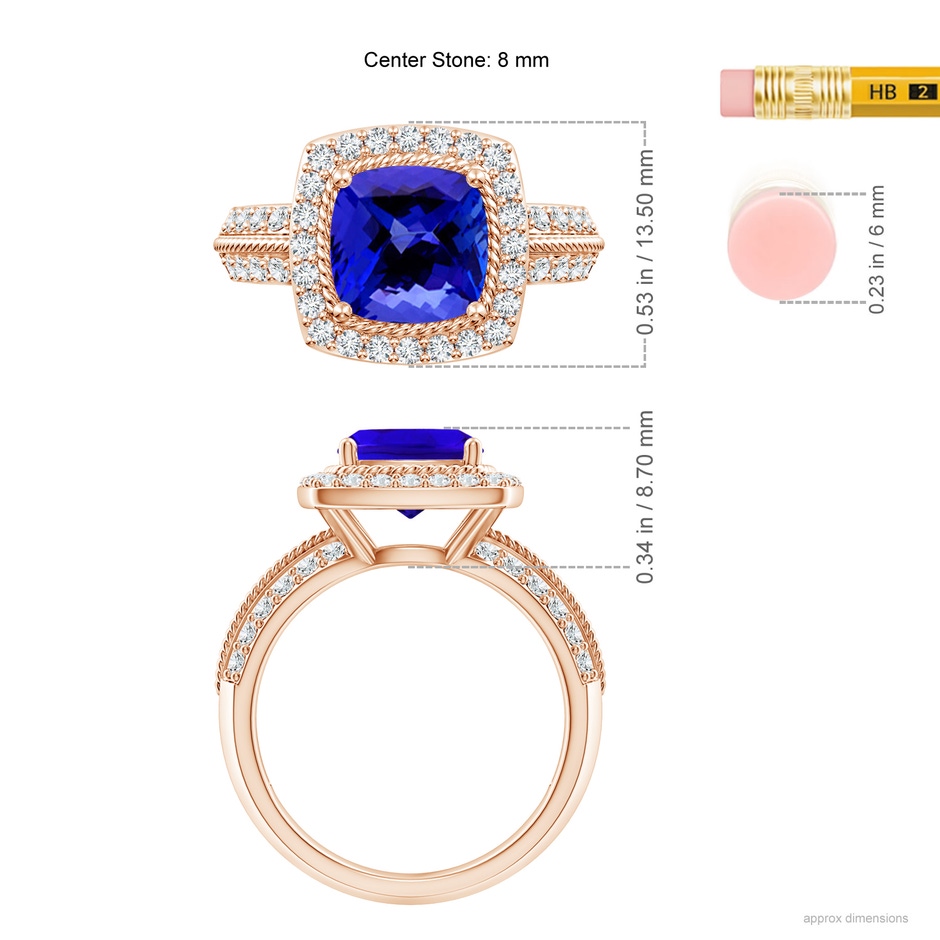8mm AAAA Twisted Rope Cushion Tanzanite Halo Ring in Rose Gold ruler