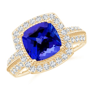 8mm AAAA Twisted Rope Cushion Tanzanite Halo Ring in Yellow Gold