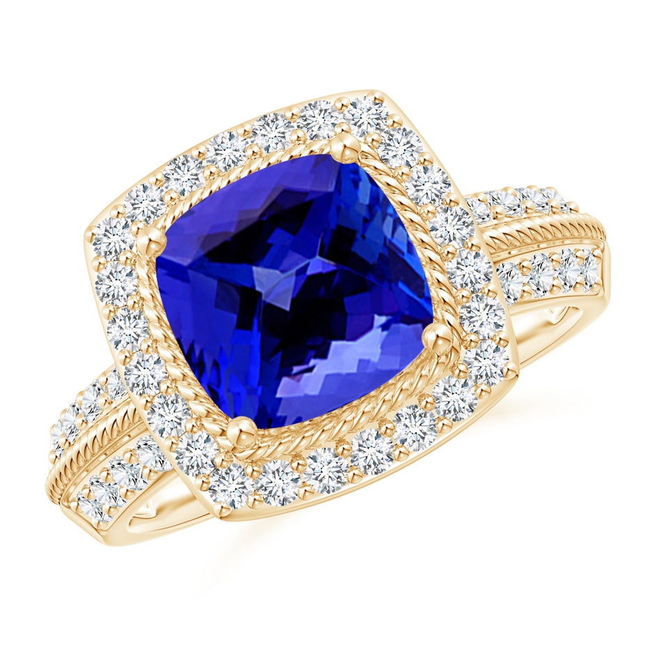 8mm AAAA Twisted Rope Cushion Tanzanite Halo Ring in Yellow Gold 