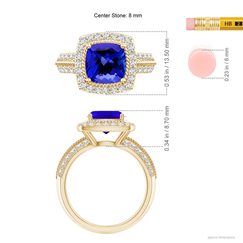 8mm AAAA Twisted Rope Cushion Tanzanite Halo Ring in Yellow Gold ruler
