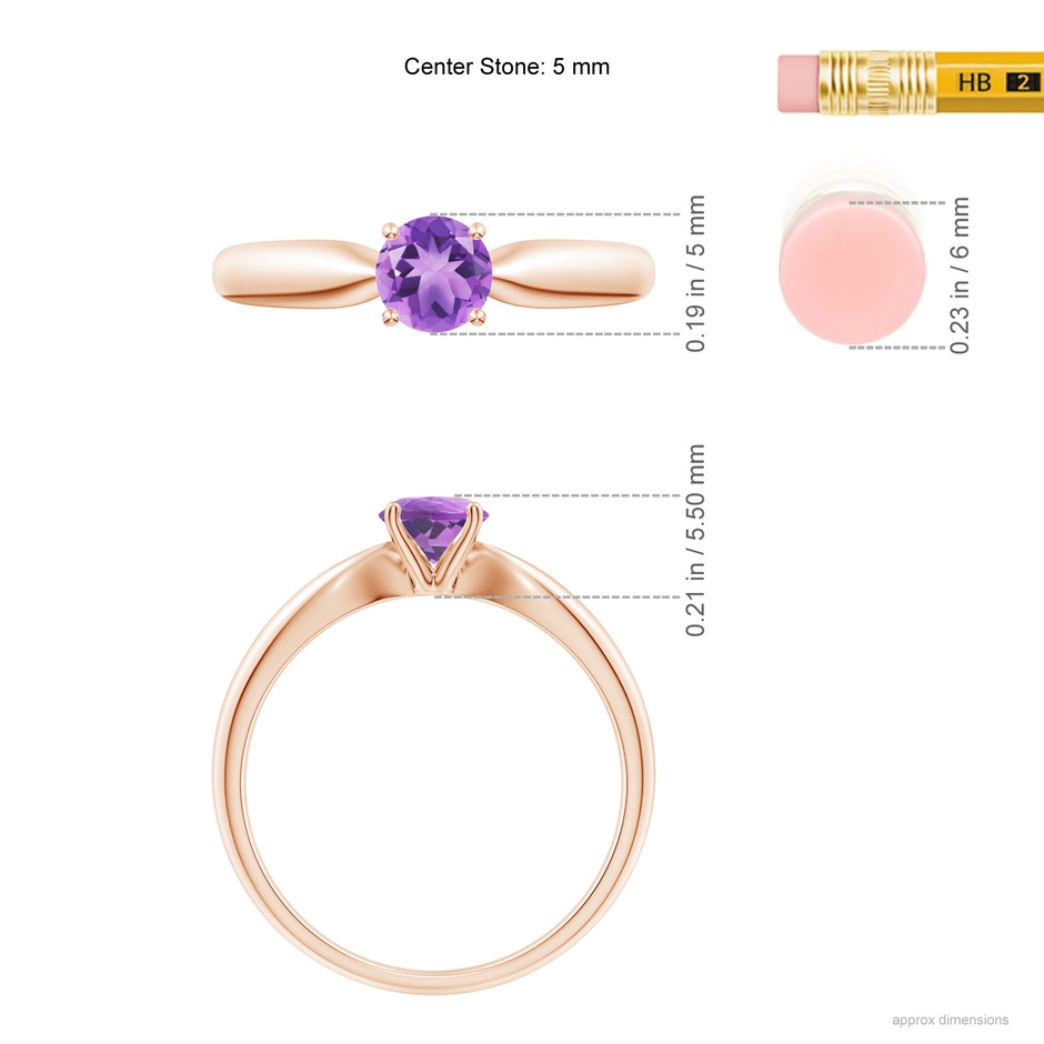 5mm A Solitaire Round Amethyst Tapered Shank Ring in Rose Gold ruler