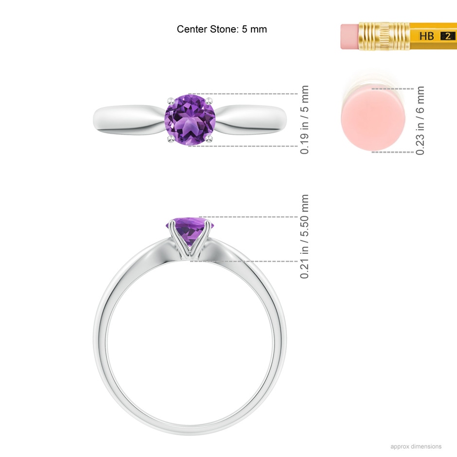 5mm AA Solitaire Round Amethyst Tapered Shank Ring in White Gold ruler