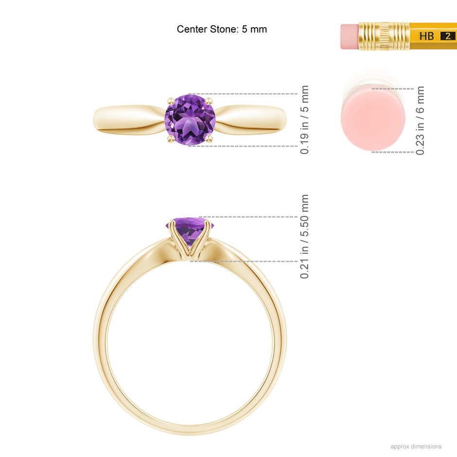 5mm AA Solitaire Round Amethyst Tapered Shank Ring in Yellow Gold ruler