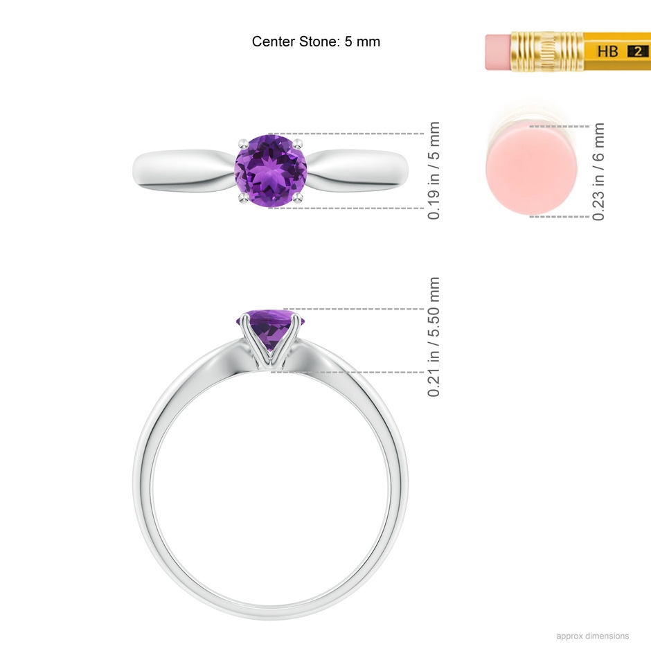 5mm AAA Solitaire Round Amethyst Tapered Shank Ring in White Gold ruler