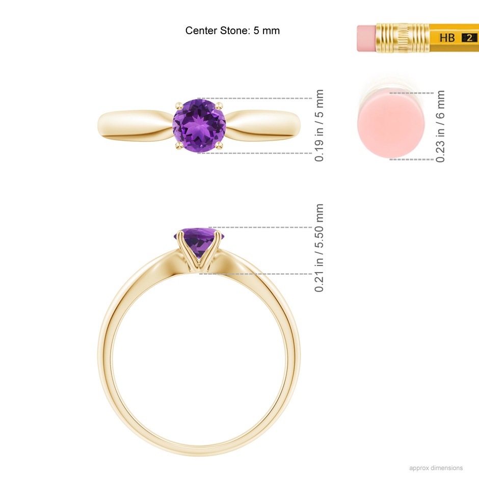 5mm AAA Solitaire Round Amethyst Tapered Shank Ring in Yellow Gold ruler