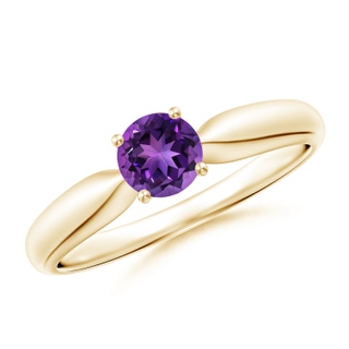 5mm AAAA Solitaire Round Amethyst Tapered Shank Ring in 9K Yellow Gold